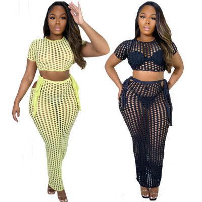Women Clothes Fashion Casual Mesh Sexy Hollow Out See Through T-Shirt Long Skirt Two-Piece Set