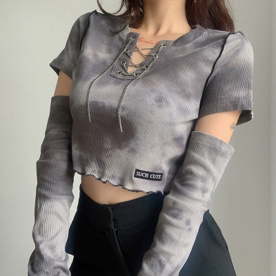 Women Autumn Tie Dye Chain Lace Up Neck Cut Out Sleeve Sexy T-Shirt Slim Fit Fashion Short Top