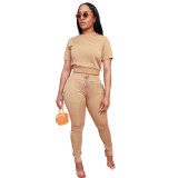 Fall Women Clothes Solid Color Suit Short Sleeve Back Zip Slit Sports Two Piece Sweatsuits
