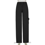 Street Trend Casual Solid Color Basic Single Side Pocket Elastic Waist Girdle Straight Leg Trousers