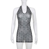Fish Scale Print U-Neck Halter Neck Lace-Up Low Back Tight Fitting See-Through Mesh Sexy Dress