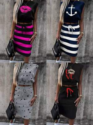 Casual Lace-Up Print Sleeveless Top And Drawstring Skirt Set For Women