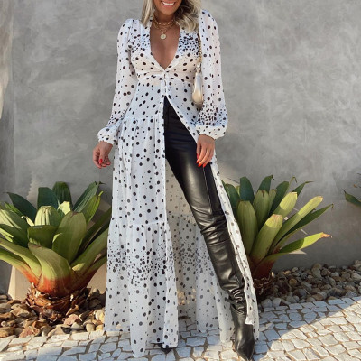 Women Clothes Long Sleeve V-Neck Polka Dots Print Maxi Dress