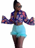 Women Clothes Sexy Floral Print Bra Top Long Sleeve Sleeve Shirt Two Piece Set