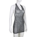 Fish Scale Print U-Neck Halter Neck Lace-Up Low Back Tight Fitting See-Through Mesh Sexy Dress