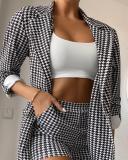 Women Clothes Fall Long Sleeve Houndstooth Blazer And Match Shorts Two Piece Set