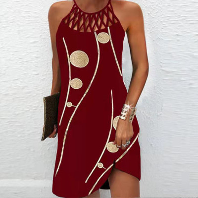 Women Clothes Summer Sexy Print Hollow Out Strap Mini Dress
