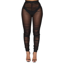 Women Clothes Fashion Sexy Tight Fitting Pleated Mesh See-Through Basic Pants