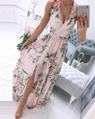 Women Clothes Summer Sleeveless V-Neck Floral Chiffon Print Boho Long Dress