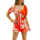 Women Clothes Lace Up Short Summer Sleeve Print Suit Shorts V-Neck Top Two Piece Set