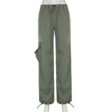 Street Trend Casual Solid Color Basic Single Side Pocket Elastic Waist Girdle Straight Leg Trousers