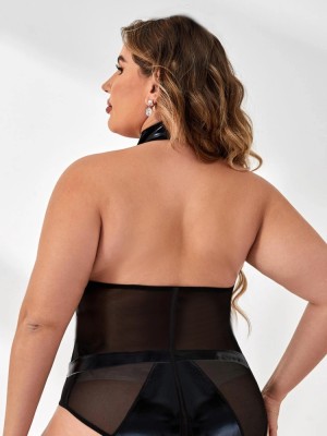 Sexy Plus Size Women Leather Mesh Patchwork Teddy Lingerie