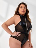 Sexy Plus Size Women Leather Mesh Patchwork Teddy Lingerie