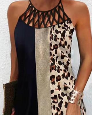 Women Clothes Sexy Mesh Leopard Patchwork Hollow Out Strap Mini Dress