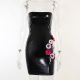 Strapless Embroidered Flower Hollow Out Pu Leather Bodycon Dress Summer Women Clothes Sexy Mini Dress