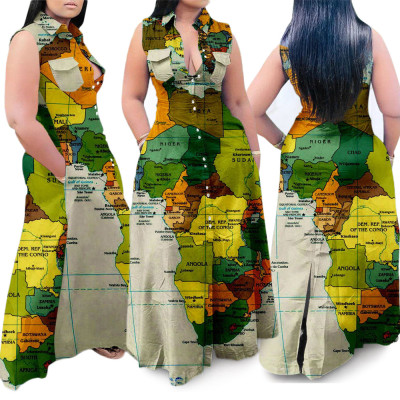 Plus Size Women Clothes Casual Map Print Sleeveless Turndown Collar Maxi Long Shirt Dress