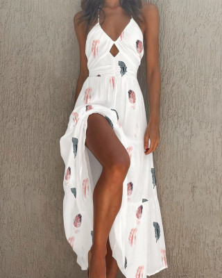 Women Clothes Summer Print Halter Neck Casual Maxi Dress