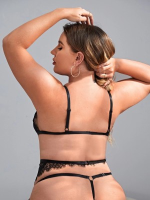 Sexy Plus Size Women Black Lace Bikini Lingerie Set