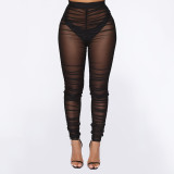 Women Clothes Fashion Sexy Tight Fitting Pleated Mesh See-Through Basic Pants