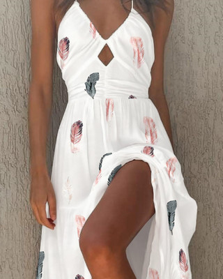 Women Clothes Summer Print Halter Neck Casual Maxi Dress