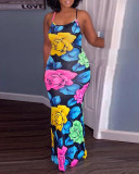 Women Clothes Summer Floral Print Strap Backless Slim Long Maxi Dress