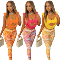 Women's solid color top and mesh print trousers two-piece women's clothing