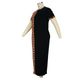 Plus Size Women's Fashion Short Sleeve Patchwork Leopard Print Round Neck Dress