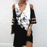 Summer v-neck positioning flower mesh short-sleeved dress