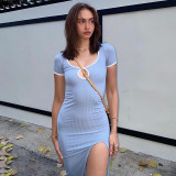 Summer square neck cutout short sleeve slit dress