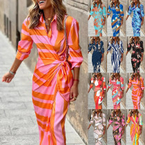Women's Fashion Print Turndown Collar Maxi Shirt Slim Waist Lace-Up Dress