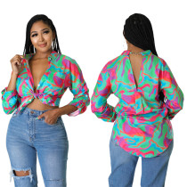 Women's Nightclub Fashion Fashion Sexy Print Pocket Long Sleeve Shirt