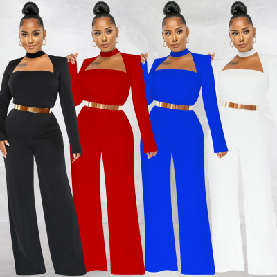 Women Fashion Solid Color Long Sleeve Wide Leg Pants Jumpsuit