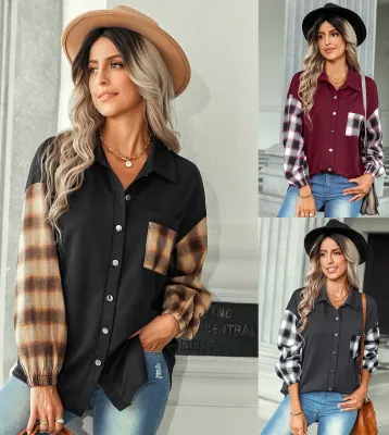 Women Fall/Winter Plaid Patchwork Turndown Collar Loose Shirt
