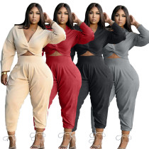 Women Casual Solid Color Long Sleeve V-Neck Top + Trousers Two-Piece Set