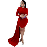Women Solid Color Long Sleeve Cutout Slit Dress