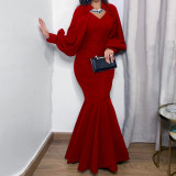 Women Solid Color Pleated Puff Sleeve Fishtail Long Dress