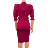 Plus Size African Women Ruffles Short Sleeve Bodycon Dress