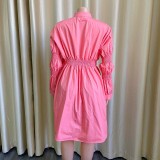 Plus Size Solid Pleated Long Sleeve Shirt Dress