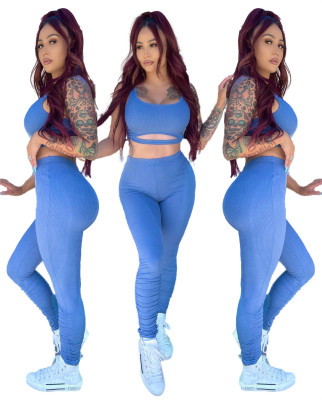 Women Fashion Sexy Solid Color Sleeveless Crop Top+Pant Two Piece Set
