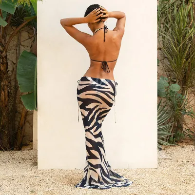 Summer Women Fashion Print Sexy Bikini + Lace-Up Dress two piece