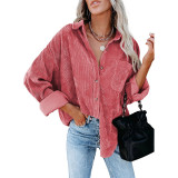 Women Solid Turndown Collar Ribbed Shirt Jacket