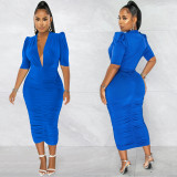 Women Sexy Solid Deep V-Neck Ruched Half-Sleeve Dress