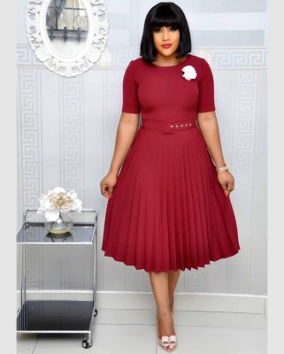 Plus Size Women Summer African Mom Short Sleeve Round Neck Solid Pleated Dress