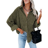 Women Solid Turndown Collar Ribbed Shirt Jacket