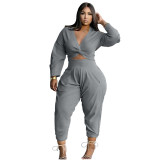 Women Casual Solid Color Long Sleeve V-Neck Top + Trousers Two-Piece Set
