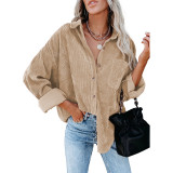 Women Solid Turndown Collar Ribbed Shirt Jacket