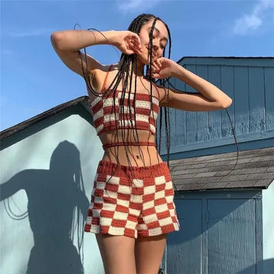 Women Plaid Halter Neck Vest+ Shorts Two-Piece Set