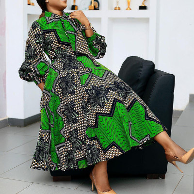 Plus Size African Women Fashion Print Lace Up High Waist Swing Dress