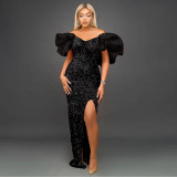 Sexy Ruffled V-Neck Chic Sequined Off Shoulder Long Dress Female Formal Party Evening Dress