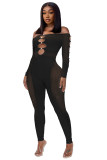 Spring/Summer See-Through Leopard Hollowout Long Sleeve Off Shoulder Sexy Jumpsuit